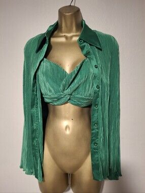 Pleated Emerald Green Twist-Front Crop Top with Matching Button-Down